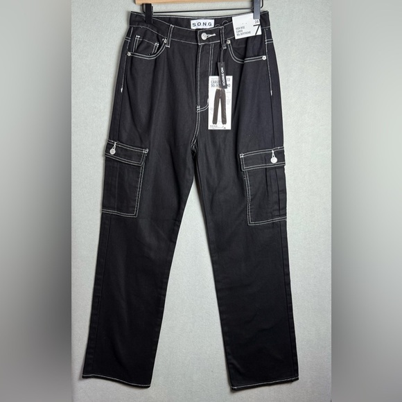 S.O.N.G. Women’s High Rise Carpenter 90’s Boyfriend Cut Pants Black size 7/28 - Picture 1 of 12